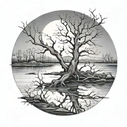 Moonlit Water With Dead Trees Black And White Drawing