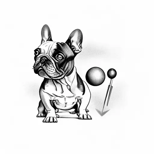 A Black And Grey Tattoo Of A French Bulldog Playing With An 8 Ball