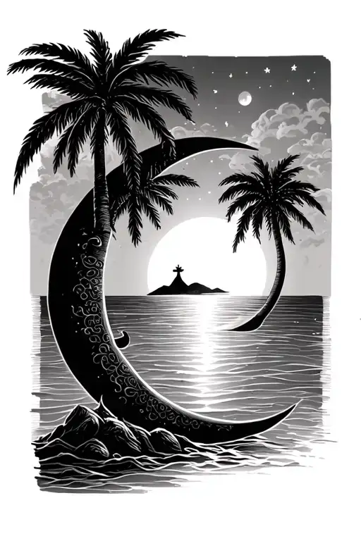 Palm Trees Crescent Moon Sun Setting In Oceam