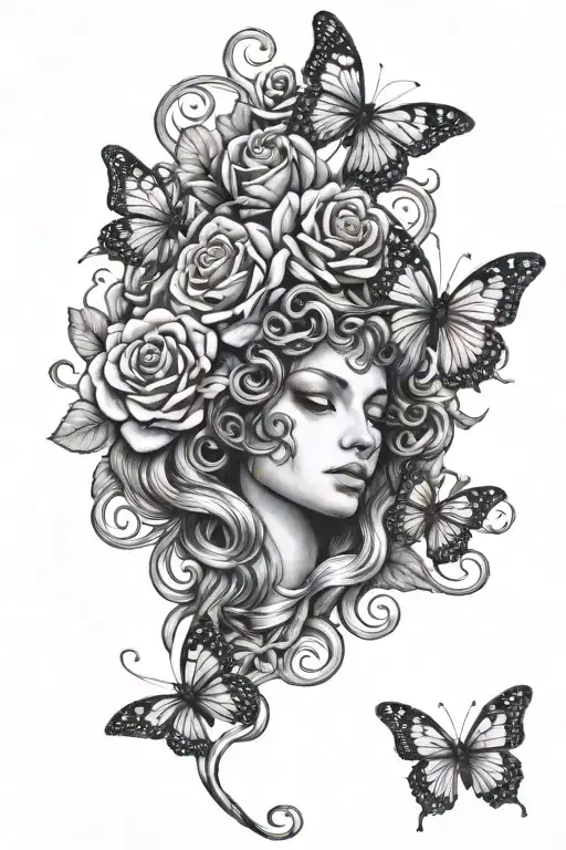 Medusa With Roses And Butterfly Resting