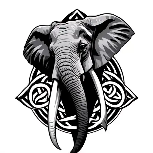 African Elephant Head Long Tusks Full Face With Celtic Trinity Knot Behind