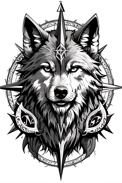 Wolf And Odin And The Viking Compass Surrounded