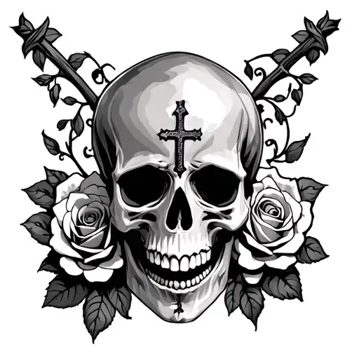 Skull With Roses Design With Cross