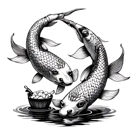 Two Koi Fish And A Food Dog