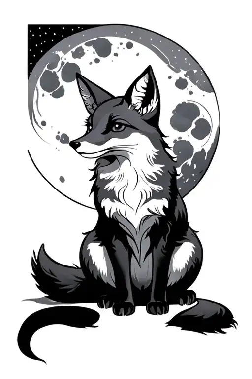 Elegant Kitsune Fox Sitting Near Cresant Moon