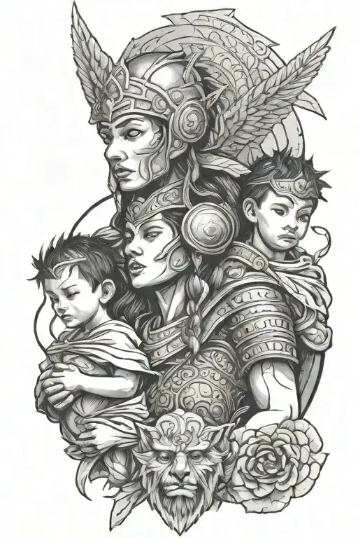 Warrior Mother Protects Her Two Male Children Front Shot And Background Elements