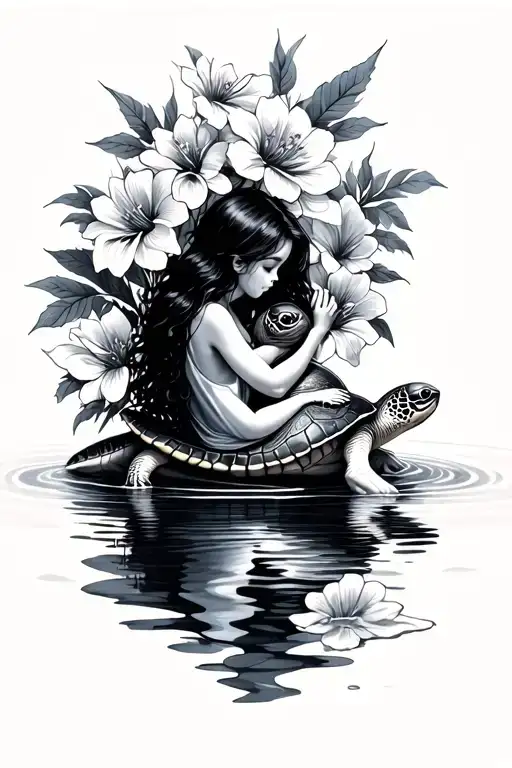 Flowers And Water With Turtle Hugging Girl Sitting