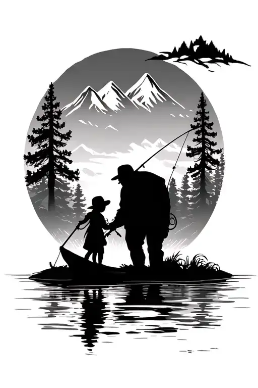 Grandpa And Granddaughter Fishing Silouhette With Mountains And Trees