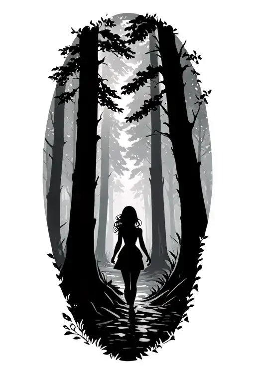 Silhouette Of A Girl Walking Through A Forest Scene