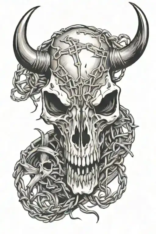 Longhorn Skull With Barbed Wire Wrapped Around It