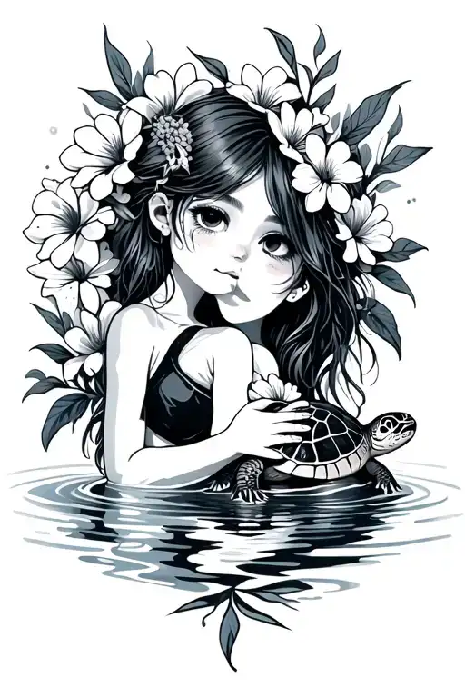 Flowers And Water With Turtle Hugging Girl Animated