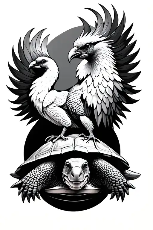 Tortoise With A Pheonix Sitting On Its Shell