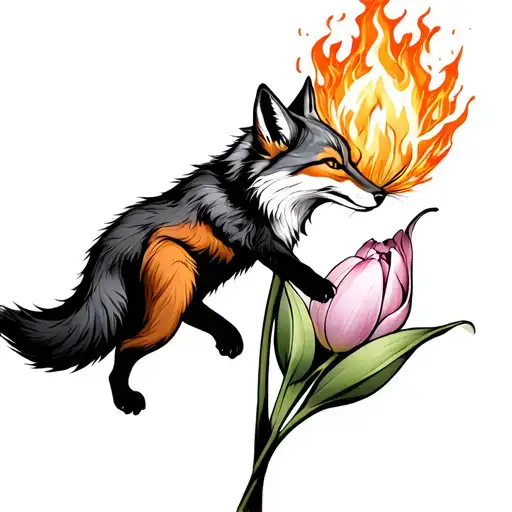 Fox Chasing A Ball Of Fire Around The Stem Of A Giant Tulip