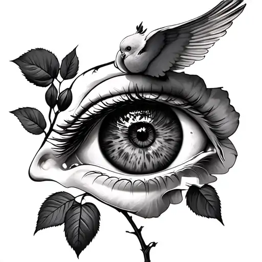 Eye With A Rose Growing And A Dove Biting The Rose