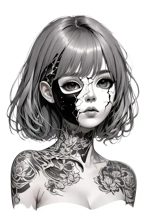 Anime Girl With A Broken Porcelain Mask