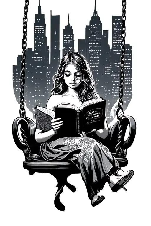 Girl On A Swing Reading With The New York Skyline Behind Her
