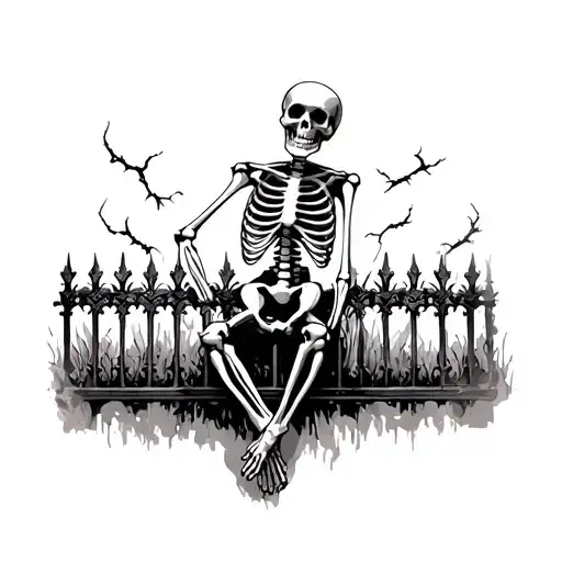 Realistic Skeleton Sitting On A Gothic Cast Iron Fence