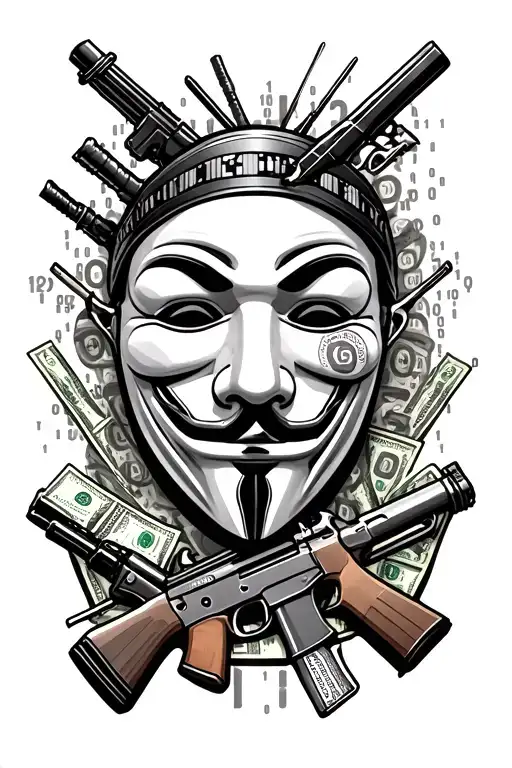 Full Sleeve Tattoo 3 Anonymous Mask With Binary Codes And An Ak47 With Money And Hacking Tools