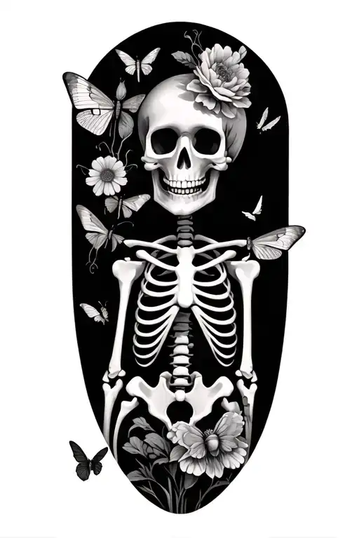 Skeleton With Flowers And Moths
