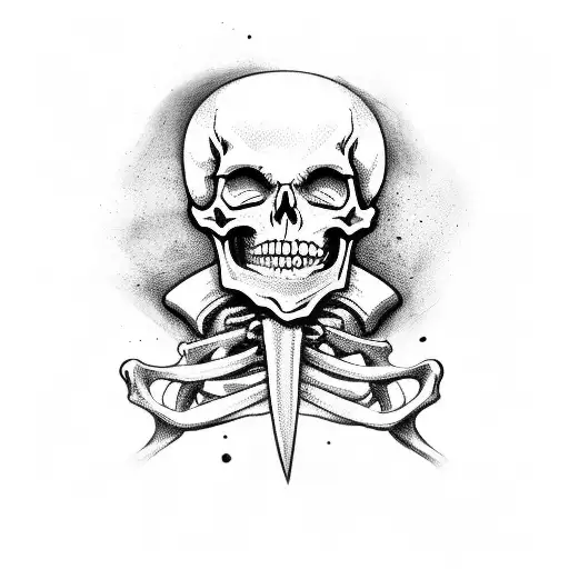 Skeleton With Swords In There And The Skull Looking At The Ground