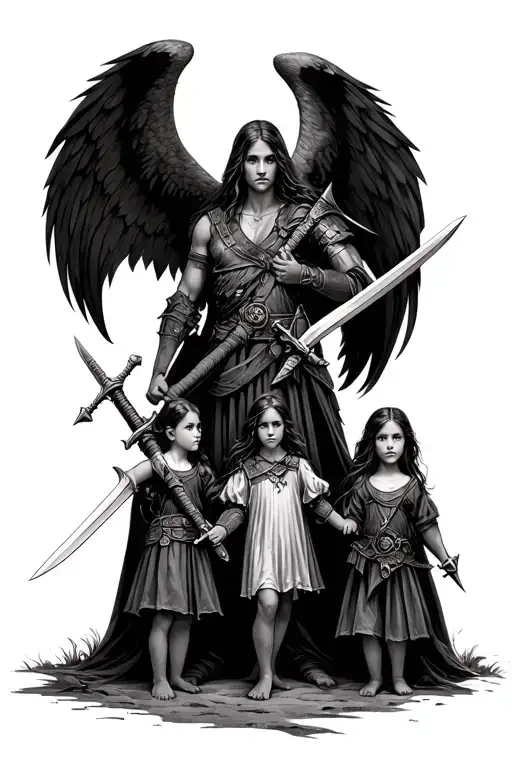 Archangle Micheal With Army Swords Protecting Two Daughters Young Children