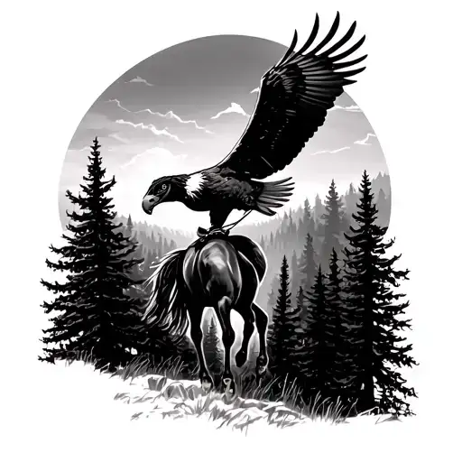 An Eagle Soaring Above A Forest On A Horse