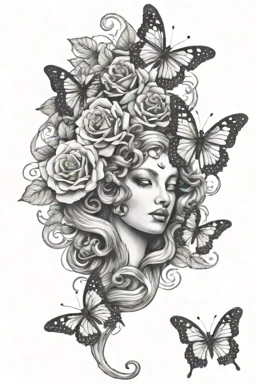 Medusa Snakes With Roses And Butterfly Resting