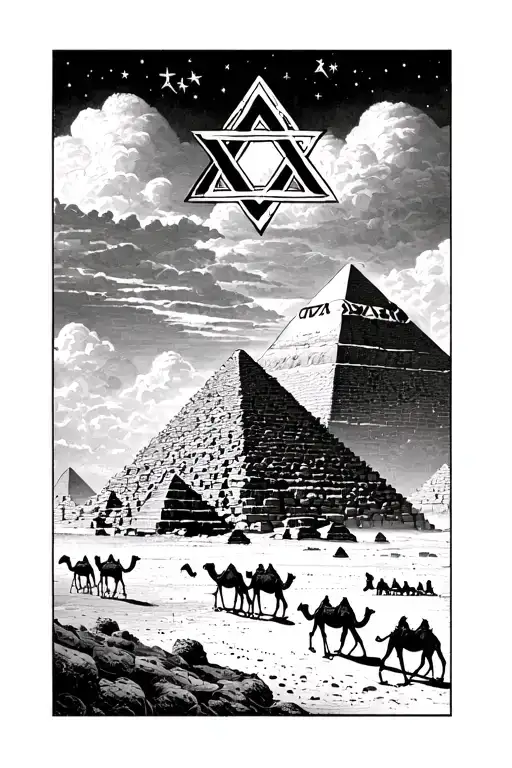Pyramids With Camels Walking Under It With Dark Sterty Sky Above With Star Of David