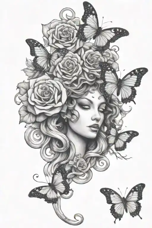 Medusa With Roses And Butterfly Resting