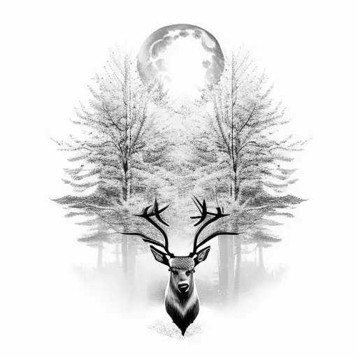 A Mystical Moonlit Forest With A Majestic Stag Standing Amidst The Trees