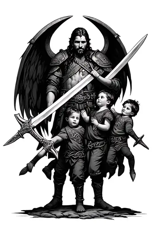 Archangle Micheal With Army Swords Protecting Children