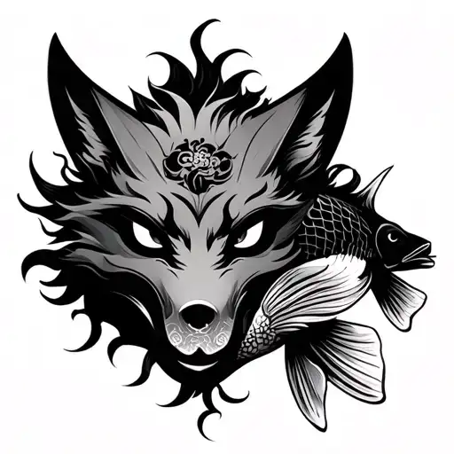 Kitsune Mask And Koi Fish Next To It