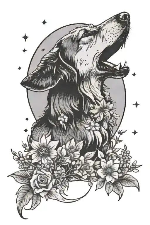 A Tattoo Of A Dog Howling At The Moon With Wildflowers Blooming Around It