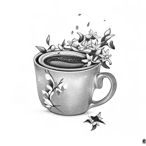 Spilled Coffee Mug With Jasmine Flowers And Jasmine Flower Coming Out Of Mug