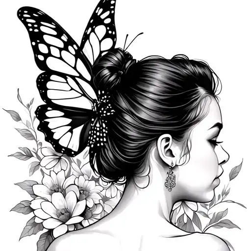 Girl With Hair In Bun Looking Over Her Shoulder And Butterfly Wing And A Wing Of Flowers