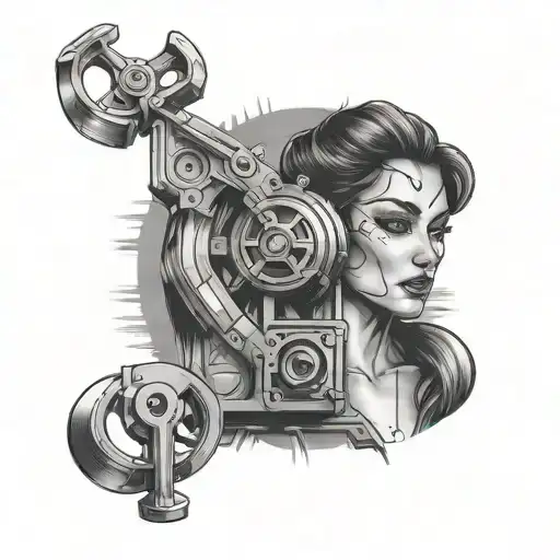 A Portrait Of A Strong Woman With Gym Equipment And Film Reel Motifs In A Black-grey Style
