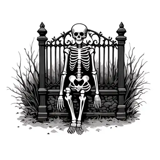 Realistic Skeleton Sitting On A Gothic Cast Iron Fence