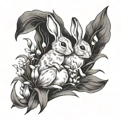 Mother Bunny And Baby Bunny Running In A Field Of Lily Of The Valley Flowers