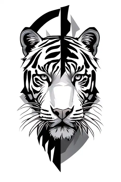 Tiger Half Face And Tribal Lines Geometrical Desing