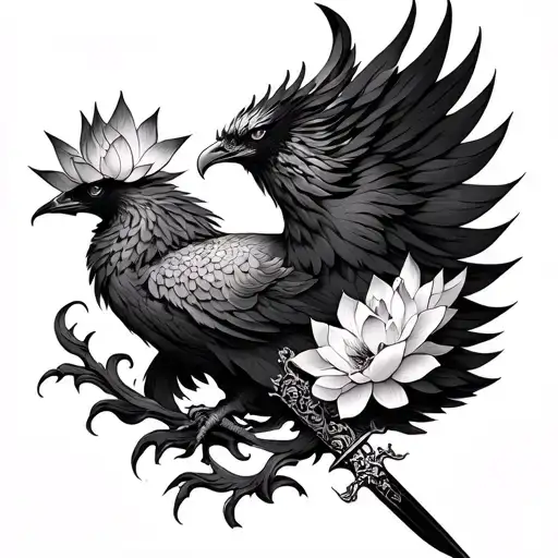 Phoenix With A Crowned Lotus Flower And A Chinese Dagger