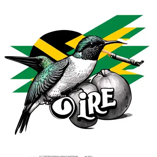 The Word Irie And Doctor Humming Bird Drinking From Fruit Ackee And Jamaican Flag In The Back