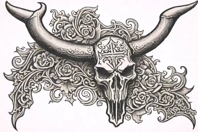 Tooled Leather With Cross And Longhorn Skull