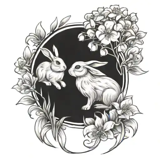 Mother And Daughter Bunnies Running In A Field Of Lily Of The Valley Flowers And Violets