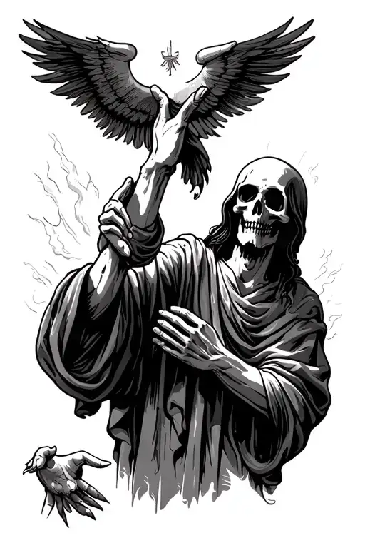 Grim Reaper Shaking Jesus's Hand Reaching Towards The Heavens