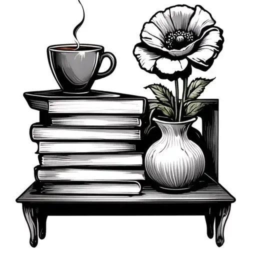 Stack Of Books On A Shelf With A Coffee Cup And A Poppy Flower In A Vase