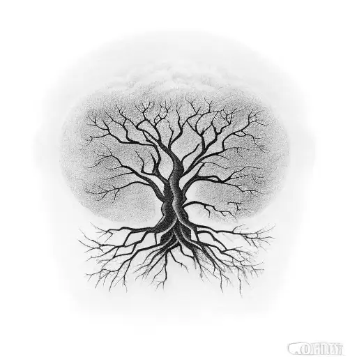 A Black-grey Tattoo Of A Majestic Tree With Roots Forming The Word 'Family' Withca