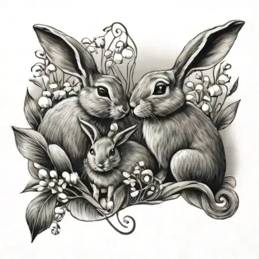 Mother And Daughter Bunnies Ina Field Of Lily Of The Valley Flowers