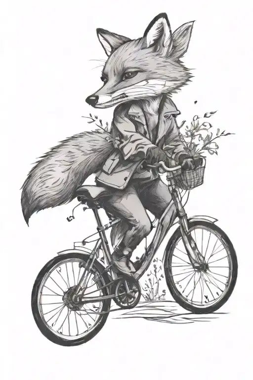 One Fox Riding A Bicycle Black And White Tattoo On Woman's Arm