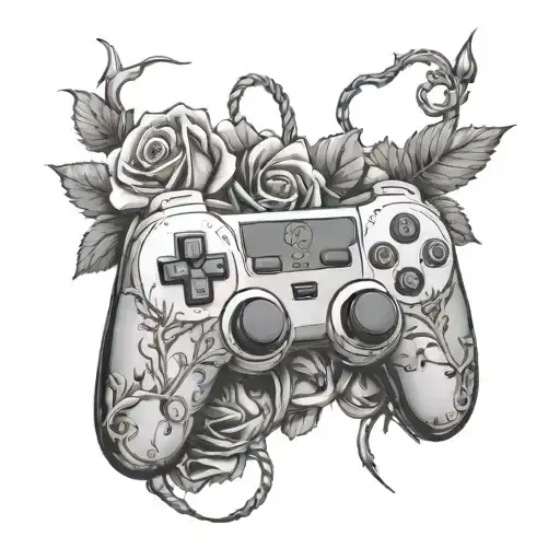 A Gaming Controller Entwined With Thorny Roses In Black-grey Style