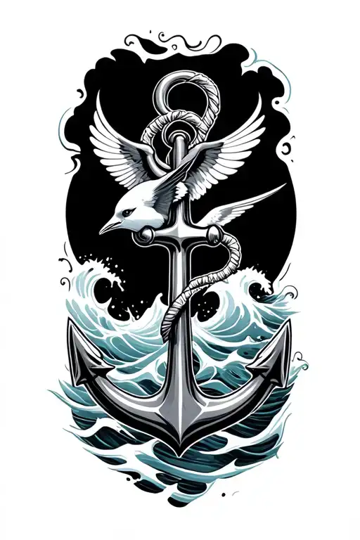 Anchor And Sea Waves And A Swallow